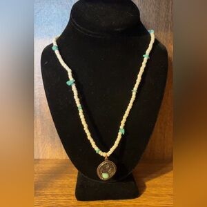 Turquoise & White with cactus pendant necklace